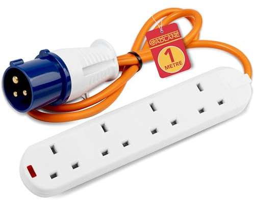 GADLANE Camping Electric Hook Up Cable - 16A Caravan Extension Lead (1m) | Heavy Duty, High Visibility, 1 Metre, 4 Gang Electric Hook Up for Camping, Mobile Homes, Refrigerated Vehicles