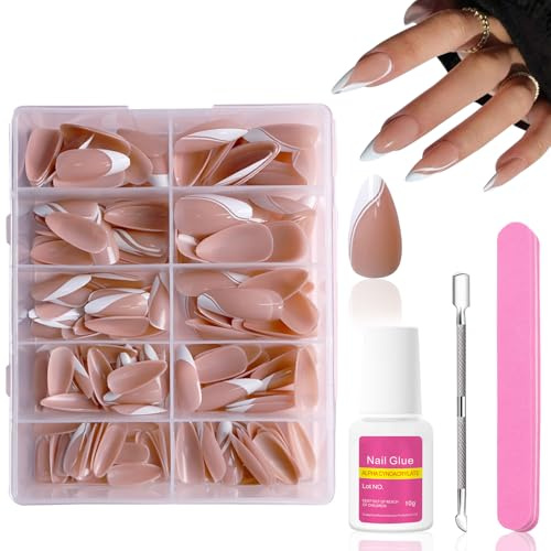 Ceboic 240 Pezzi Unghie Finte Mandorla, 10 Taglie Tip Unghie Francese Strisce Bianco Falsi Unghie Naturale, French Press on Nails con Colla Copertura Completa Unghie Finte Adesive per Donna Ragazze