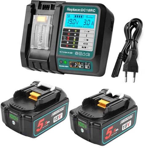 Powarobor 2x18V 5,5Ah Batteria+Caricatore DC18RC per Makita LXT Utensili | Li-ion,3A Caricatore con indicatore LED,100-260V,50-60Hz per 14.4V-18V Batterie BL1830 BL1850 BL1860