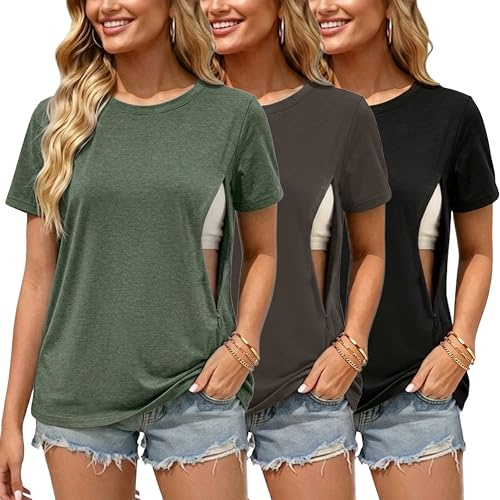 Love2Mi Lot de 3 T-shirts d'allaitement avec Fermeture Éclair Cachée, T-shirt Court pour Femmes Enceintes