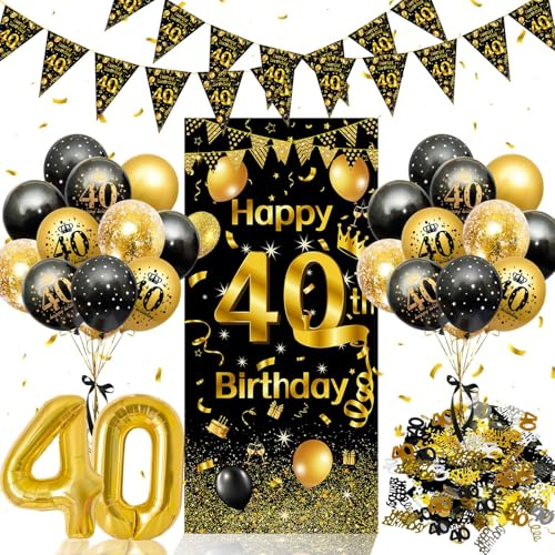 40 Geburtstag Männer Frau Deko Set, Rainllon Schwarz Gold 40 luftballon | Konfetti Deko 40, Girlande Wimpel, Geburtstagsdeko 40 Jahre Lange Banner Hintergrund Party Deko für Geburtstagsdeko 40