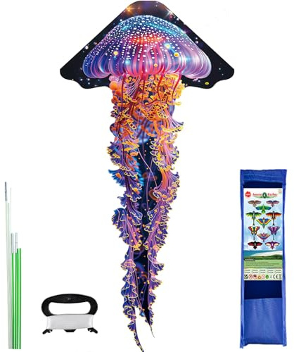 Grande aquilone a forma di medusa, 280 x 140 cm, a linea singola, colorato, con coda, per principianti, con manico avvolgente, per spiaggia e attività all'aperto, per gioco al parco