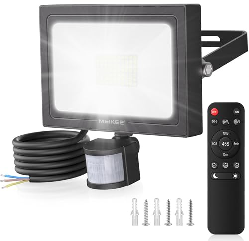 MEIKEE 60W Foco Led con Sensor de Movimiento, IP66 Impermeable Foco Proyector LED Exterior 5640LM 6500K Blanco Frío Luz de Seguridad con Mando a Distancia 4 Modos para Jardín, Patio, Entrada, Garaje