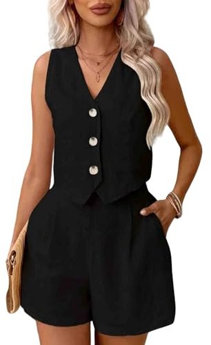 Ellunis 2-teiliges Leinen-Set für Damen, ärmellos, V-Ausschnitt, Weste, Knopfweste und Taschen, hohe Taille, Arbeitsanzug, kurze Sets, dunkelblau, L