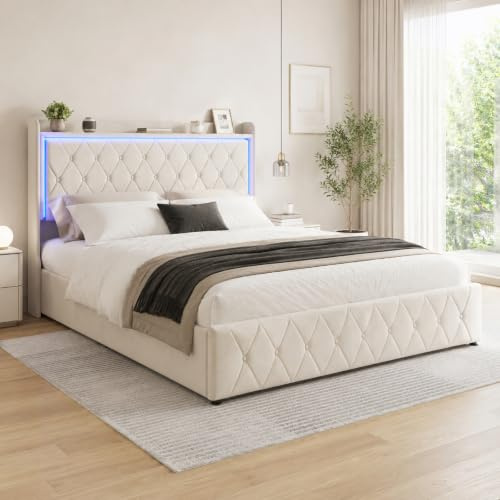 Fofetbfo Polsterbett 160x200 cm, Gepolstertes Doppelbett mit LED Kopfteil und 2 USB, Hydraulisch Stauraumbett Bettgestell Funktionsbetten mit Stauraum und Lattenrost, Samt, Beige