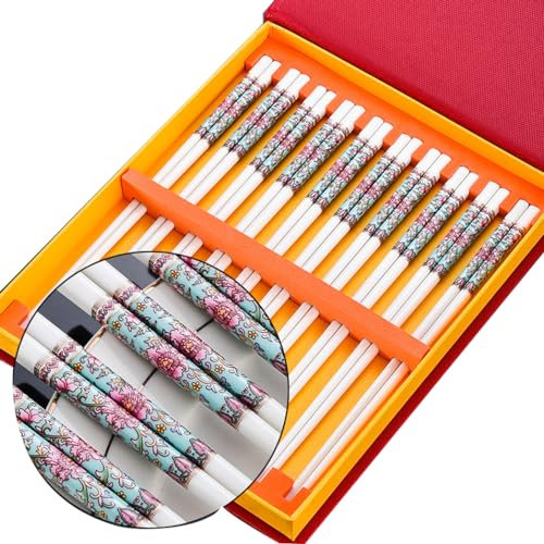SBCGFY Set di Bacchette Cinesi in Porcellana, Confezione Regalo, 10 Paia, riutilizzabili, Lavabili in lavastoviglie, con Custodia, Bacchette in Ceramica ossea di Alta (O)