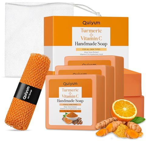 QUIYUM Curcuma Vitamina C Sapone 100 g, 5 pezzi, con guanto, sapone liquido, idratante e pulizia profonda per viso e corpo