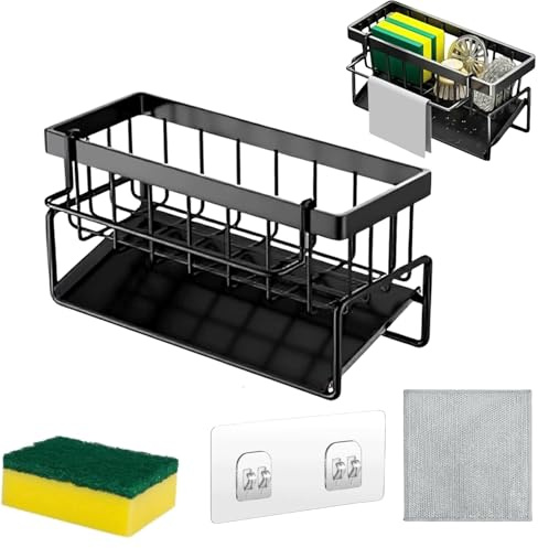 Eliteva 4 in 1 Kitchen Sink Caddy with Sponge, Dish Washing Cloth & Adhesive Hooks, Sink Tidy Sponge Holder with Self-Draining Tray & Kitchen Sponge Holder, Sink Organiser for Sponge,Soap & Brush
