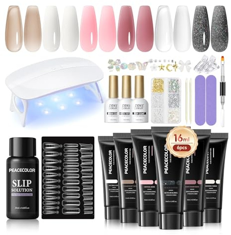 PEACECOLOR Poly Extension Gel Kit Complet avec Lampe U V 6 Couleurs Nude Rose Blanc 16ml Ongle gel Kit Construction Ongle avec Base et Top Coat La Manucure à la Maison