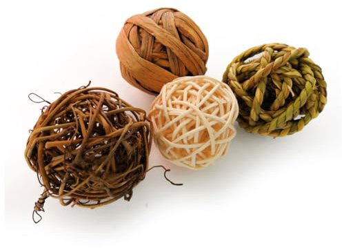 BESTonZON Juego de Bolas de Ratán para Pájaros y Conejos Enanos, Juguetes Masticables Naturales, Paquete de 4 Piezas, Material Seguro y Estimulante para Jaulas de Aves Pequeñas