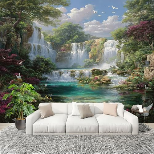 Mural Papel Pintado 3D 200x140cm MontañAs, Bosques, Cascadas Y Flores. Fotomurales Tejido No Tejido Antiarrugas Póster Multicolor Murales Fotográfico Moderno Decoración de Paredes