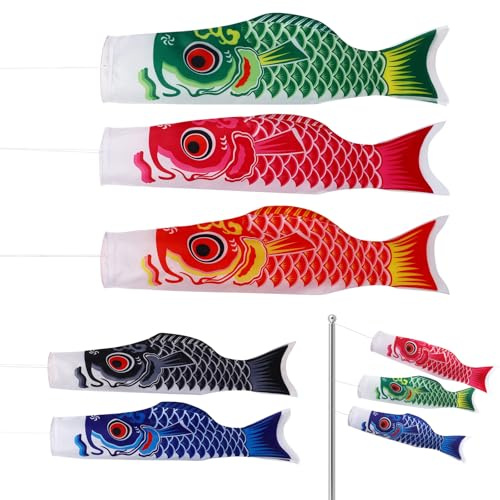IWOWHERO Bandiere Giapponesi a Forma di Carpa 5 Pezzi 70cm Manica a Vento Koi per Decorazioni Esterne ed Interne Satinato Colorato