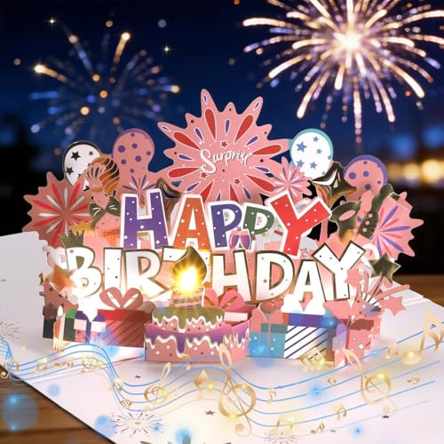Geburtstagskarte Mit Musik, 3D Happy Birthday Geburtstagskarte Pop Up Mit Feuerwerk und Musik, Geschenk für Mann Frauen Männer Ehemann Ehefrau Jungen Mädchen Kinder
