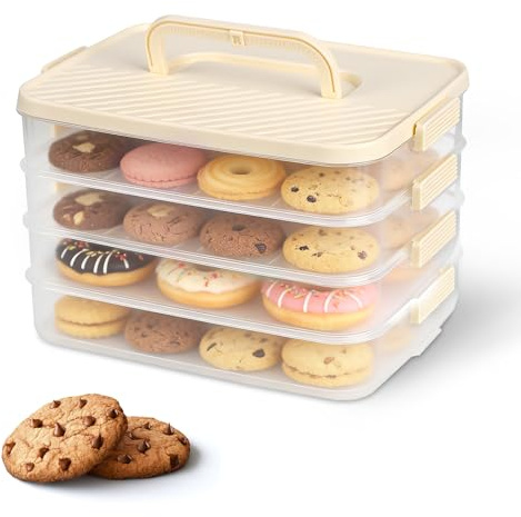 mumisuto 4 Tier Stackable Cookie Biscuits Carrier Box,Transparent Plastic Food Storage Box with Date Record Handle,Bake Holder Snap Stack Design for Snacks Vegetables Fruits (Cream Color)