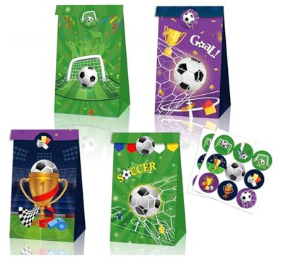 MenYiYDS 12 Stück Papiertüten Fussball, 4 Stile Fussball Mitgebsel Tüten Geburtstagstüten Partytüten mit 18 Aufkleber für Valentinstag Ostern Deko Geburtstag Kinder Mottoparty Giveaways(B)