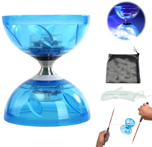PLLYPE Diabolo Freiläufer mit Kugellager, LED Diabolo mit 3 Farben Blinkendes, Dreifache Lagerung Set mit Ersatzseil 10m, Netzbeutel und Profi-Stange, Dreifachlager für Erwachsene(Blau)