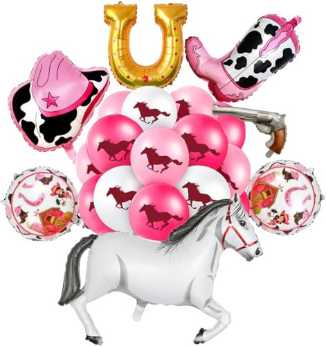 SANYUANHE 25 Stück Rosa Western-Party Deko Mädchen,Ballons Cowboy Geburtstag Pink,Luftballon Pferd,Cowboyhut,Cowboystiefel Themenparty Dekoration