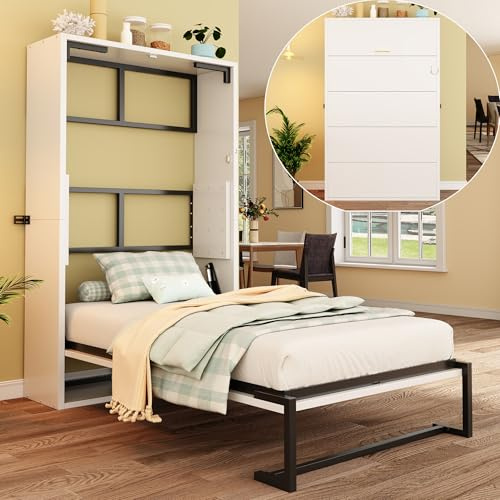 Vertikal Schrankbett 90x200, Wandbett aus Metallrahmen&Holzplatte, Einzelbett mit Lattenrost, Klappbett mit Schrank, Platzsparend Wandklappbett Murphy Bed Bettschrank Funktionsbett, Ohne Matratz,Weiß