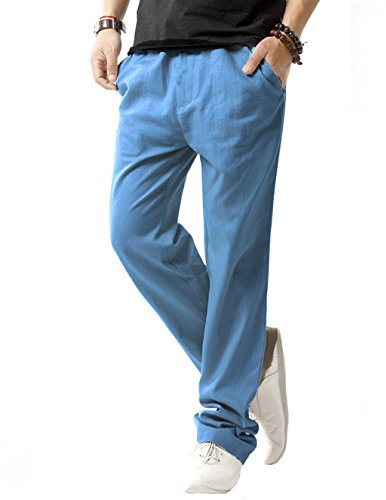 SIR7 Men's Linen Casual Lightweight Drawstrintg Elastic Waist Summer Beach Pants Denim Blue L