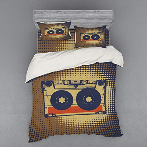 Ambesonne 70s Party Duvet Cover Set, Audiocassette Retro Music Theme Pop Art Vintage Obsolete Happy Vibes, 4 Piece Bedding Set with Shams and Fitted Sheet, Queen Size, Night Blue Tan Orange