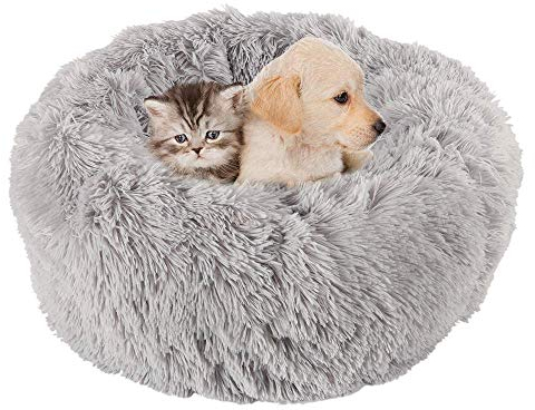KongEU Rundes Ultra Weicher Plüsch Kuschelkissen für Welpen,Katze,weiches Hundesofa,Kuschel-Nest,Bett für kleine und mittelgroße Hunde und Katzen,waschbar-S:50CM-hellgrau