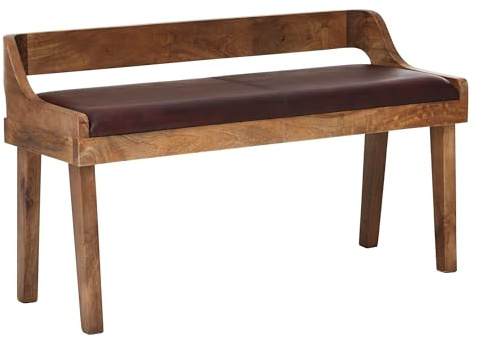 Wohnling Sitzbank 108x43x63 cm Echtleder Massivholz mit Rückenlehne | Polsterbank Braun für Flur und Schlafzimmer, Lederbank klein mit stabilen Beinen, Bettbank mit Lehne