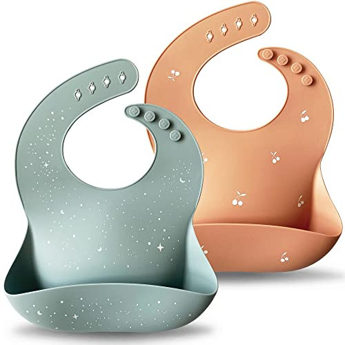Moonkie Babyhaklappar | 2 Pack Silikonhaklappar | Vattentät Haklapp med Uppsamlingsbricka | Mjuka och Hudvänliga | Justerbar | Tvättbara | för Pojkar och Flickor(Ljusblå/Ljusrosa)