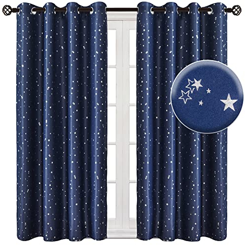 NAPEARL Vorhang Kinderzimmer Junge, Kindervorhänge mit Silbernen Sterne, 2 Stücke Blau Verdunklungsvorhänge für Kinderzimmer, Sterne Kinderzimmer Gardinen mit Ösen, Jeder H 160 X B 132cm