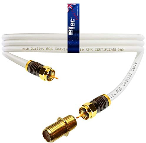 1STec 4m Long White Gold Plated Male to Male Virgin Media Extension Cable with Female Joining Coupler for V6 TIVO Set Top Box or VIVID Fibre Super Hub Broadband Modems (4 Metre)