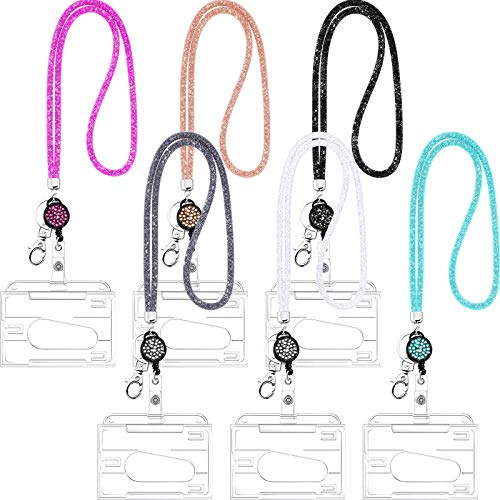 6 Pièces Longe Collier avec Porte-Carte d'Identité Transparent en Cristal et Porte-Clé, Sangle de Lanière en Cristal Strass Bling Porte-Badge Transparent et Sangle de Cou pour Badge ID Clés
