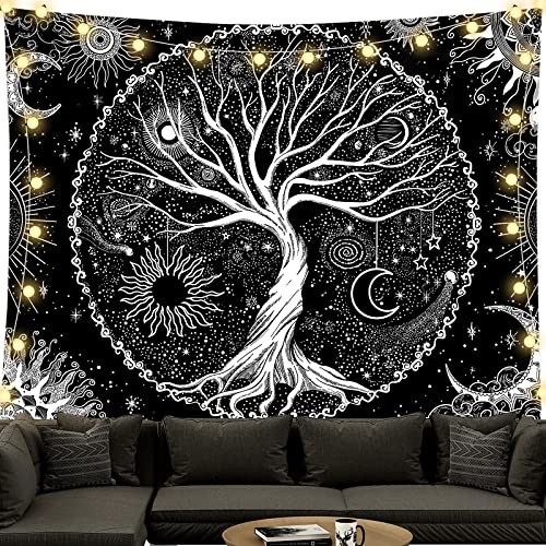 BOZILY Tapisserie Wandbehang, Schwarz und Weiß Baum des Lebens Wandteppiche Mondphasen Tapestry für Wohnzimmer Tagesdecke Zimmer Schlafzimmer(L/150x200cm)