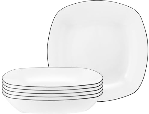 Seltmann Weiden Lido Black Line Suppenteller 6er Set, ø 21 cm, Eckiger Tiefer Teller mit schwarzem Rand, Porzellan