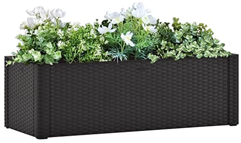 Garten Hochbeet Bausatz mit Selbstbewässerungssystem, Blumenkasten aus PP, Rattan-Optik, Pflanzbeet Pflanzkasten Pflanzkübel für Garten Balkon und Terrasse, Anthrazit 100x43x33 cm