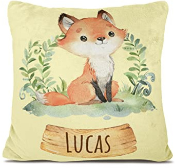 Personalisiertes Babykissen mit Tierdruck – weiches Fleecekissen mit Namen und Datum zur Taufe oder Geburt – Babygeschenk oder Geburtskissen - Kinder Kissenbezug - Kopfkissenbezug (Fuchs 2)