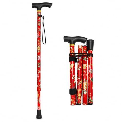 Glamified Gehstock, verstellbar, zusammenklappbar, tragbarer Gehstock mit ergonomischem Griff, rutschfester Unterseite, leicht, höhenverstellbar (rote Blumen)