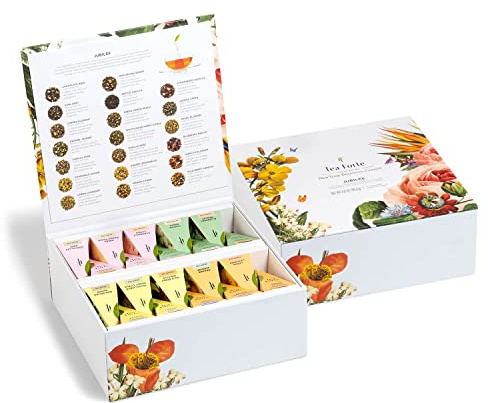 Tea Forté Jubilee mit 40 Handgefertigten, Pyramidenförmigen Teebeuteln Verschiedener Sorten zum Probieren - mit Schwarzem Tee, Kräutertee, Oolong-Tee, Grünem Tee und Weißem Tee…