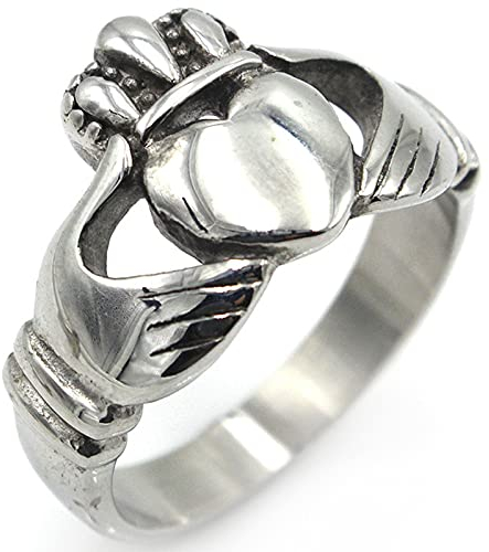 BCughia Ringe Silber, Herrenring Titan Stahl Krone und Herz Claddagh Ring Valentinstag Eheringe Geschenke Größe 62 (19.7)
