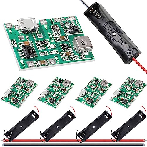 DAOKAI 5 Stück Charging Discharge-Modul 18650 Lithium-Li-Ionen-Batterielademodul 3,7 V, 4,2 V bis 27 V, verstellbares Step-Up-Modul+5 Stück 18650 Batteriehalter mit 26 AWG rotem und schwarzem Kabel