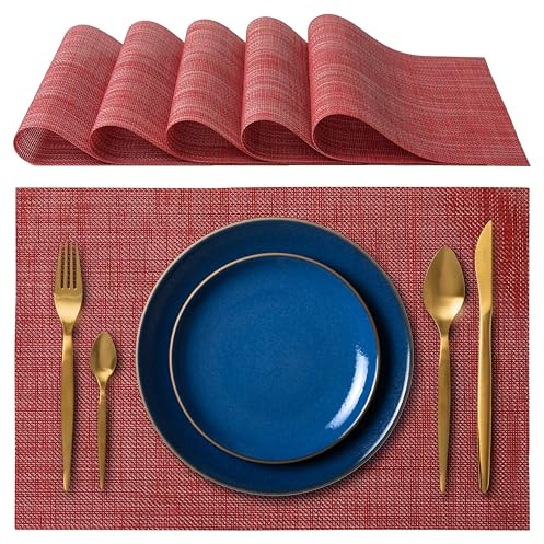 IPEA Sets de Table élégants 45 x 30 cm pour Dîner, Déjeuner, Petit Déjeuner - 6 unités - Set de Table Lavable, Résistant au Chaleur, antidérapant et Anti-Taches Tables Cuisine Salle à Manger - Rouge