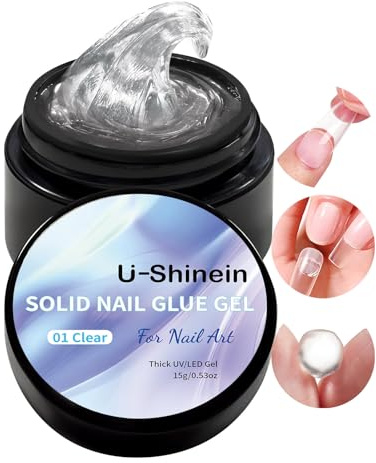 U-Shinein 15 ml Solid Nail Glue Gel, Nail Tips Glue Gel for Acrylic Nails, Press on Solid Glue Gel, Nail Art Manicure Glue Gel, 0.52oz, Transparent