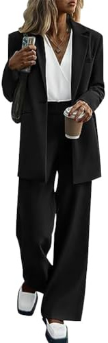 Tomwell Hosenanzüge für Damen Blazer 2-teilig Anzugjacke Karo Einfarbig Anzug Set Slimfit Festlich Sportlich Streetwear Elegant Freizeitmantel Business Mode Revers Mantel A Schwarz M