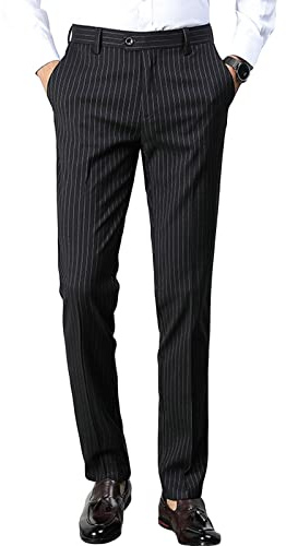 Pantaloni da uomo slim a righe casual affusolati a gessato resistenti alle rughe pantaloni da completo leggeri per lavoro e abbigliamento elegante, Nero , S