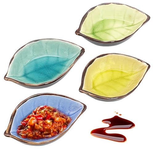 Gittoovo 4Pcs Ceramic Sauce Dishes Leaves Shape Handmade,Soy Sauce Dish,Mini Side Seasoning Dish,Snacks,Sushi,Fruit Appetizer,Dessert Dinner and Holds Bones Scraps from Meal,4 Colours