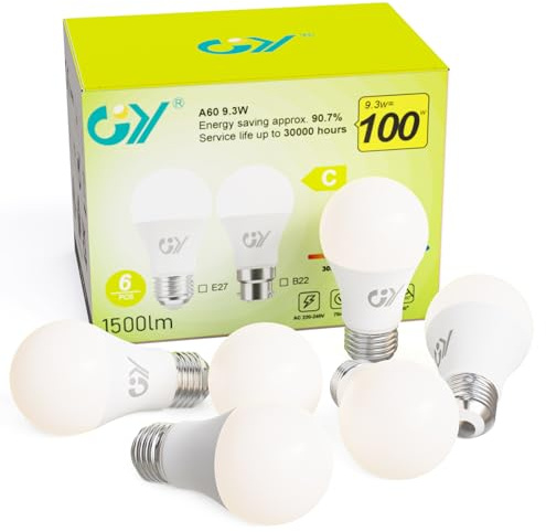 GY Glühbirne E27 LED Warmweiss 9.3W 1500 Lumen, 3000K Warmweiß LED E27, Ersetzt 100 Watt, Nicht Dimmbar, 220° Abstrahlwinkel, 6 Stück
