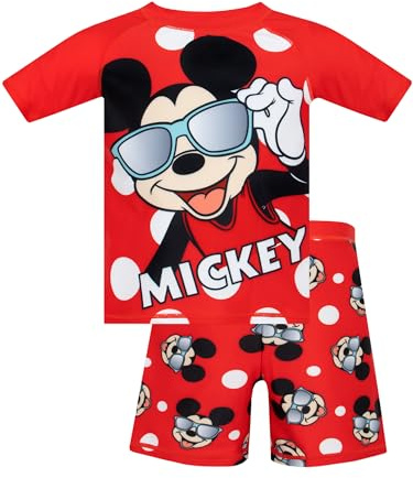Disney Mickey Mouse Swimsuit 2 Piece | Boys Swim Set | Kids Rash Vest and Swim Shorts | Boys’ Rash Guards | Red 5-6 Years