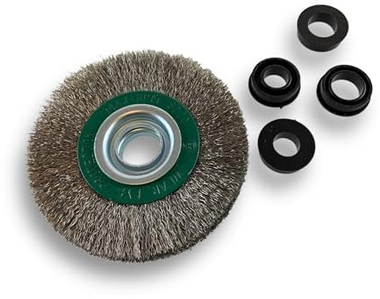 Kibros Lot 3 brosses circ. touret INOX fil dur Ø 250 mm 3 rangs | Fil dur 0.30 mm ondulé, alésage 32 mm + réducteur bague 25-12 mm, meuleuse affûteuse ponceuse, décapage ébavurage brossage.