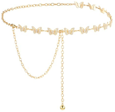 GEEHUA Damen Kettengürtel, Taillengürtel Schmetterlings, Taillengürtel aus Legierung mit Strasssteinen, Modischer Gliederkettengürtel für Mädchen und Frauen Jeans Kleider (Gold)
