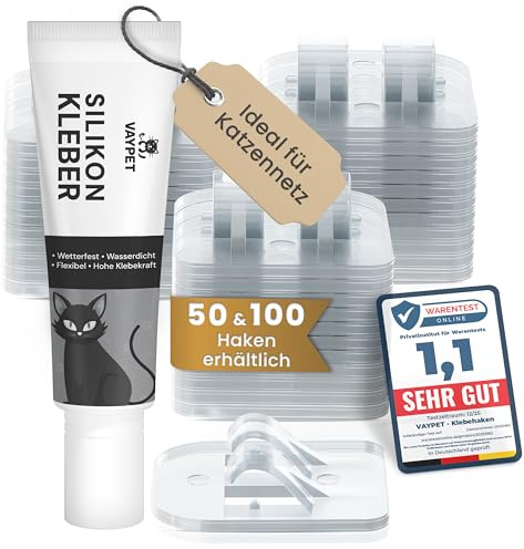 VAYPET® 100 Klebehaken & Silikonkleber [60ml] - Katzennetz ohne Bohren