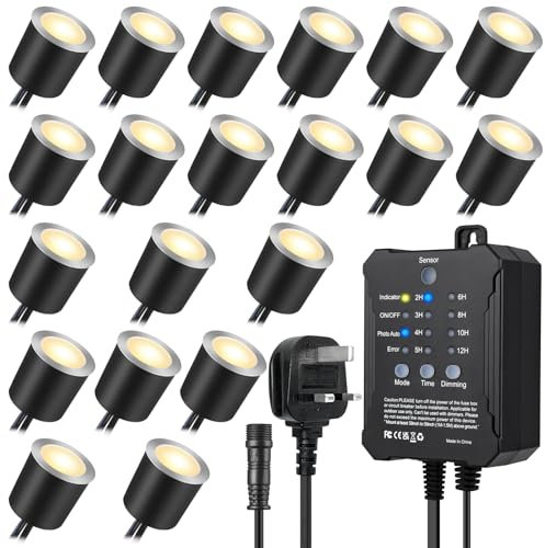 SMY Lighting Dimmable LED Deck Lights with Timer and Photocell Sensor and Protecting Shell φ32mm,20Pack Outdoor LED Smart Deck Lighting IP67 Waterproof for Garden,Yard Stair, Patio, Floor Decoration