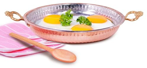Moreni Sartén de cobre hecha a mano | Sartén tradicional de cobre turco con asas ergonómicas de latón | Auténticos utensilios de cocina de cobre martillado (7.1 pulgadas)